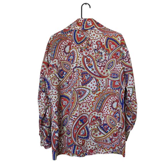Vintage 70s LauraMae Red Blue Paisley Textured Polyester Disco Blouse Large Boho - Picture 2 of 9